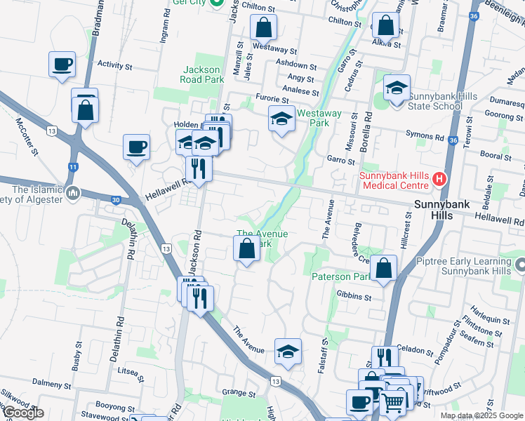map of restaurants, bars, coffee shops, grocery stores, and more near 23 Brushbox Crescent in Sunnybank Hills