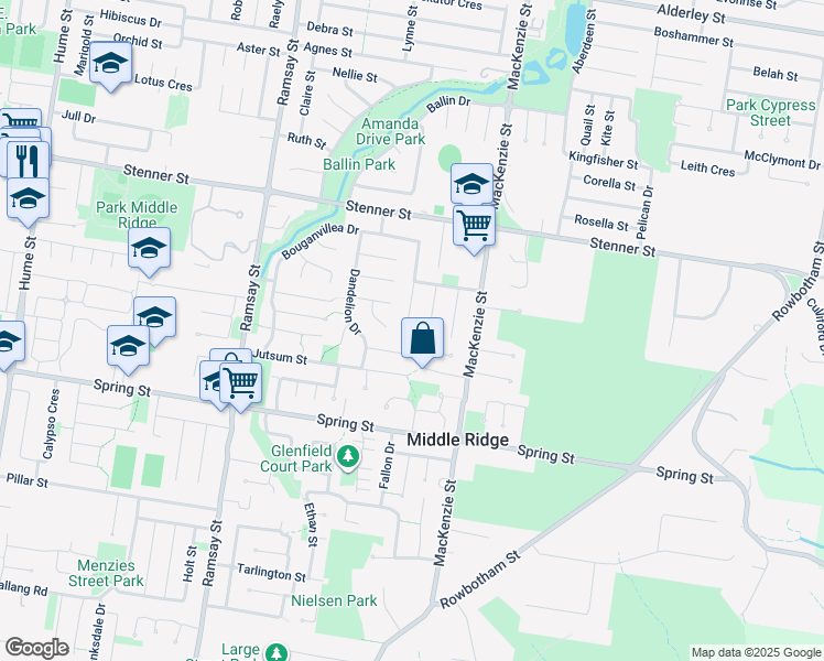 map of restaurants, bars, coffee shops, grocery stores, and more near 18 Gerbera Court in Middle Ridge