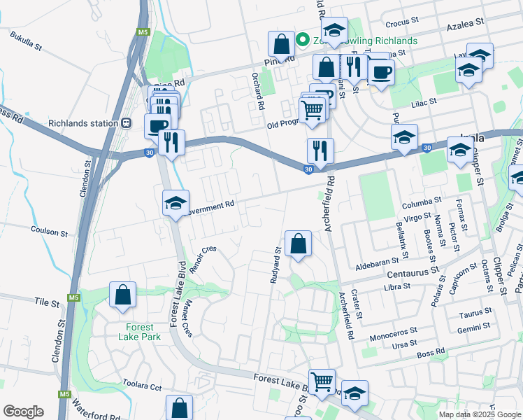 map of restaurants, bars, coffee shops, grocery stores, and more near 11 Vanessa Close in Richlands