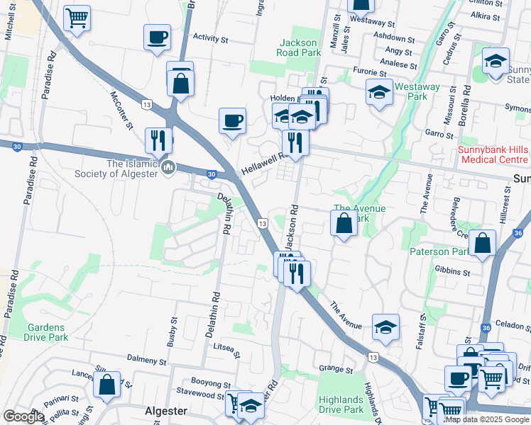 map of restaurants, bars, coffee shops, grocery stores, and more near 38 Benbek Circuit in Sunnybank Hills