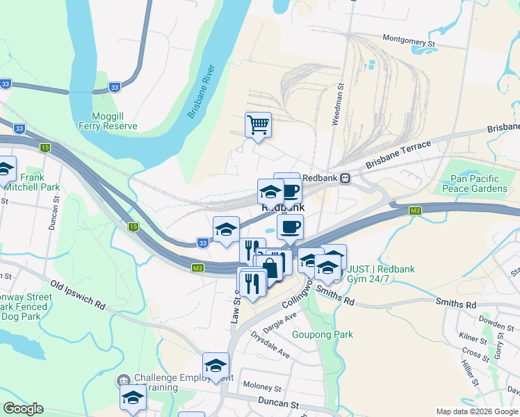 map of restaurants, bars, coffee shops, grocery stores, and more near 56A Brisbane Road in Redbank