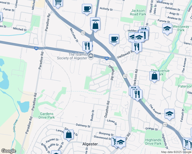 map of restaurants, bars, coffee shops, grocery stores, and more near 9 Springwater Place in Algester