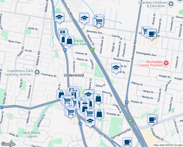 map of restaurants, bars, coffee shops, grocery stores, and more near Camelot Street in Underwood