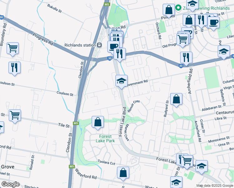 map of restaurants, bars, coffee shops, grocery stores, and more near 210 Government Road in Forest Lake