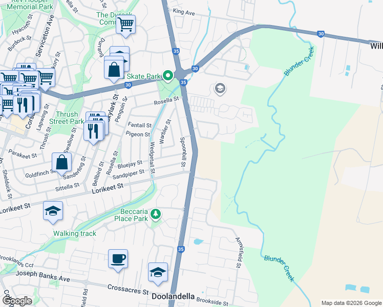 map of restaurants, bars, coffee shops, grocery stores, and more near 657 Blunder Road in Durack