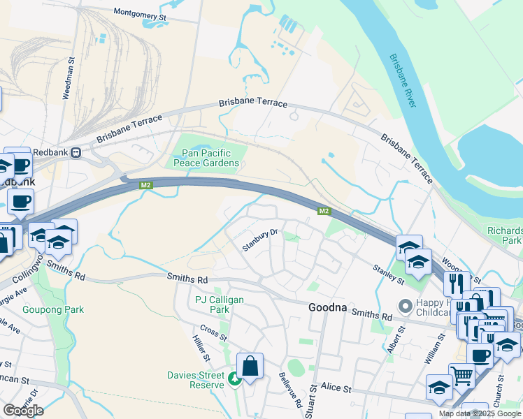 map of restaurants, bars, coffee shops, grocery stores, and more near 13 McCarthy Crescent in Goodna