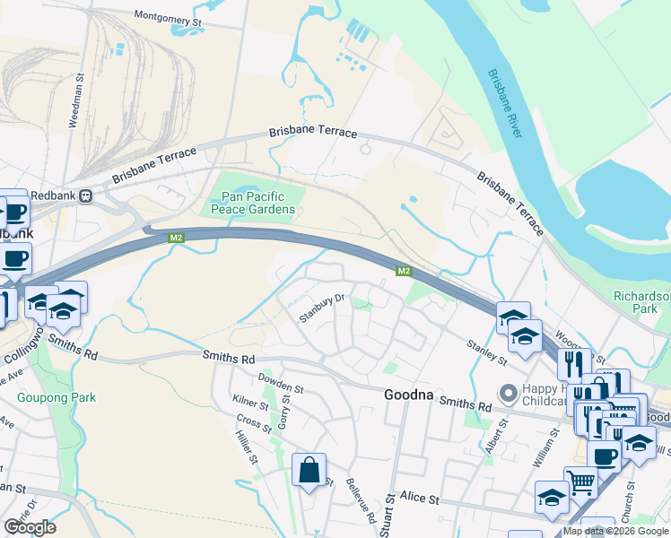 map of restaurants, bars, coffee shops, grocery stores, and more near 7 McCarthy Crescent in Goodna