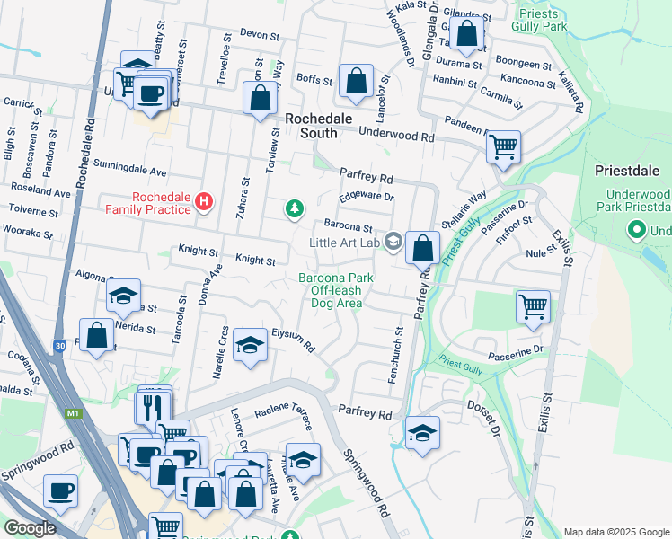 map of restaurants, bars, coffee shops, grocery stores, and more near 18 Warrandah Street in Rochedale South
