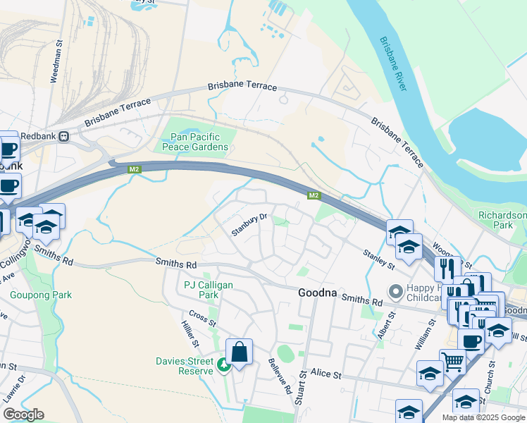 map of restaurants, bars, coffee shops, grocery stores, and more near 3 Stanbury Drive in Goodna