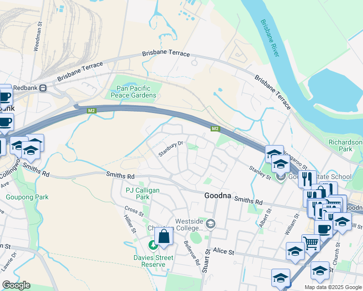 map of restaurants, bars, coffee shops, grocery stores, and more near 4 Stanbury Drive in Goodna