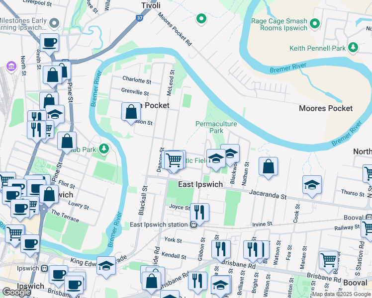 map of restaurants, bars, coffee shops, grocery stores, and more near 8 Grafton Street in East Ipswich