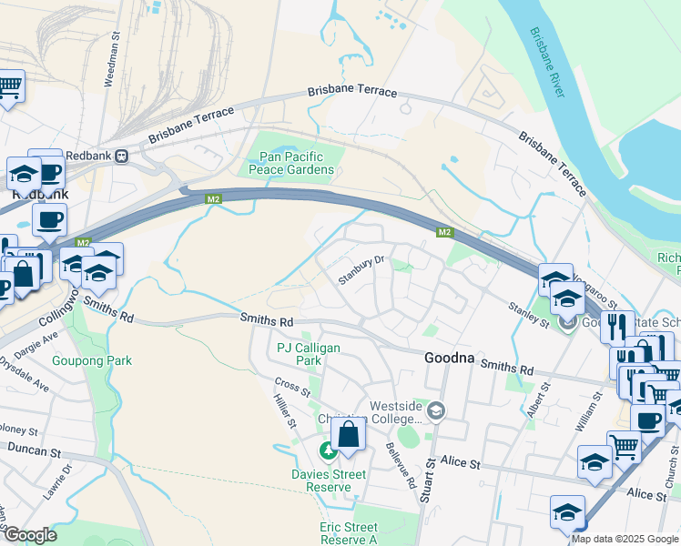 map of restaurants, bars, coffee shops, grocery stores, and more near 21 Stanbury Drive in Goodna