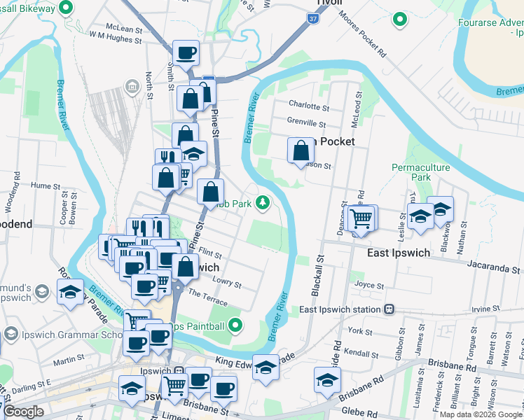 map of restaurants, bars, coffee shops, grocery stores, and more near 39 Pelican Street in North Ipswich