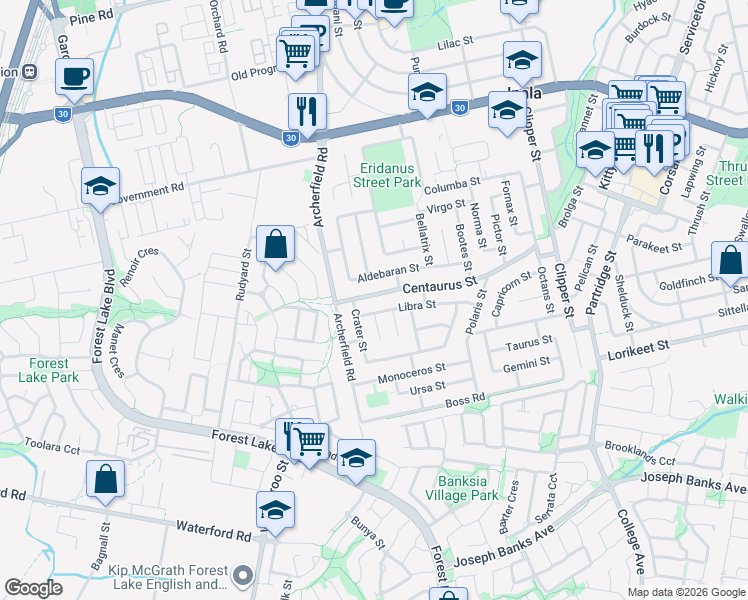 map of restaurants, bars, coffee shops, grocery stores, and more near 66 Centaurus Street in Inala