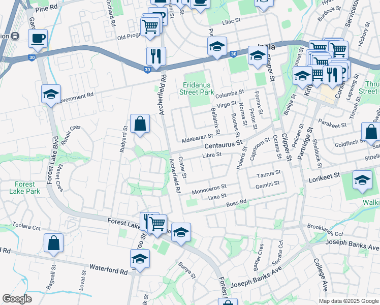 map of restaurants, bars, coffee shops, grocery stores, and more near 66 Centaurus Street in Inala