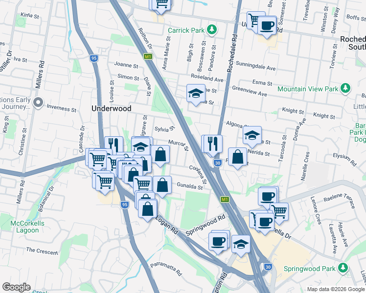 map of restaurants, bars, coffee shops, grocery stores, and more near 41 Murcot Street in Underwood
