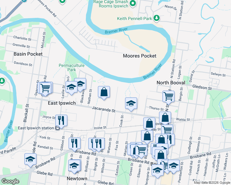 map of restaurants, bars, coffee shops, grocery stores, and more near 20 Merrell Street in East Ipswich