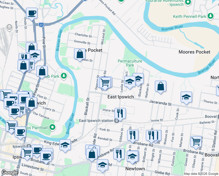 map of restaurants, bars, coffee shops, grocery stores, and more near 5 Countess Street in East Ipswich