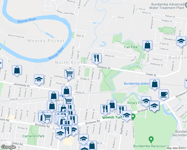 map of restaurants, bars, coffee shops, grocery stores, and more near 55 Dudleigh Street in North Booval