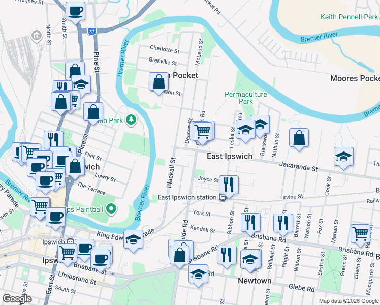 map of restaurants, bars, coffee shops, grocery stores, and more near 11 Norman Street in East Ipswich