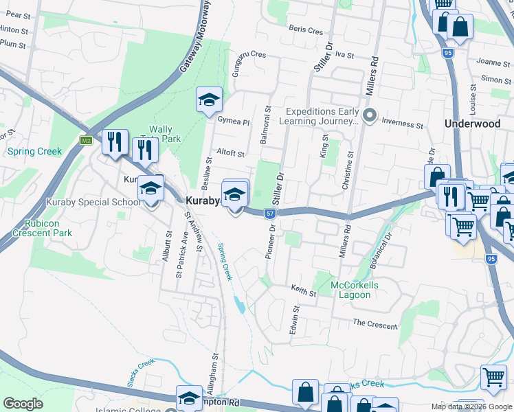 map of restaurants, bars, coffee shops, grocery stores, and more near 1490 Beenleigh Road in Kuraby