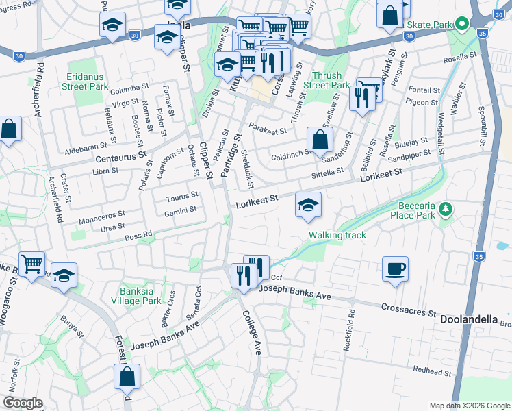 map of restaurants, bars, coffee shops, grocery stores, and more near 17 Lorikeet Street in Inala