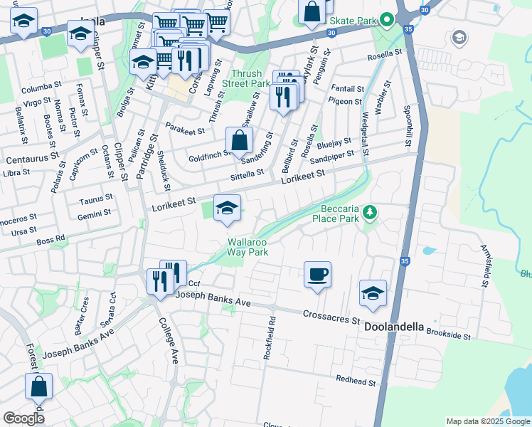 map of restaurants, bars, coffee shops, grocery stores, and more near 101 Wallaroo Way in Doolandella