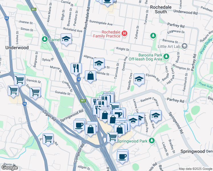 map of restaurants, bars, coffee shops, grocery stores, and more near 6 Palara Street in Rochedale South