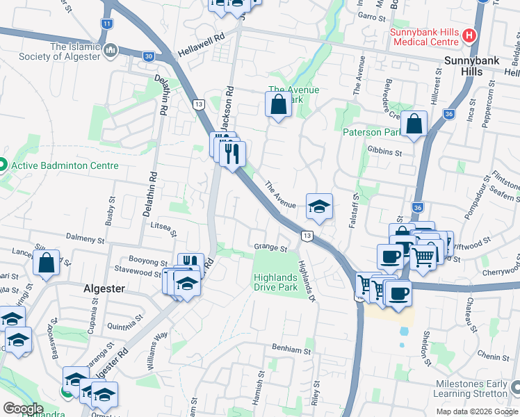 map of restaurants, bars, coffee shops, grocery stores, and more near 11 Pyranees Street in Calamvale