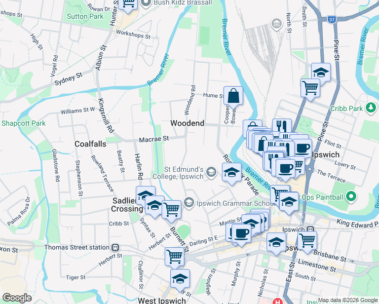 map of restaurants, bars, coffee shops, grocery stores, and more near 51 Woodend Road in Woodend