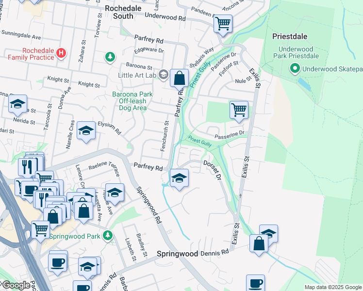 map of restaurants, bars, coffee shops, grocery stores, and more near 91 Dorset Drive in Rochedale South