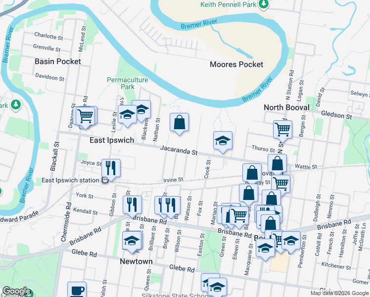 map of restaurants, bars, coffee shops, grocery stores, and more near 86 Jacaranda Street in East Ipswich