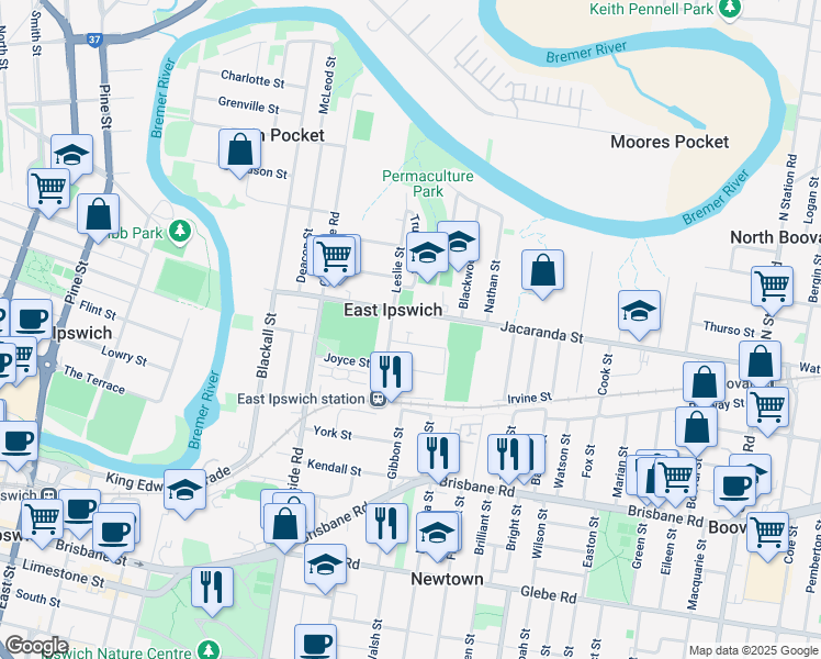map of restaurants, bars, coffee shops, grocery stores, and more near 6 Cardew Street in East Ipswich