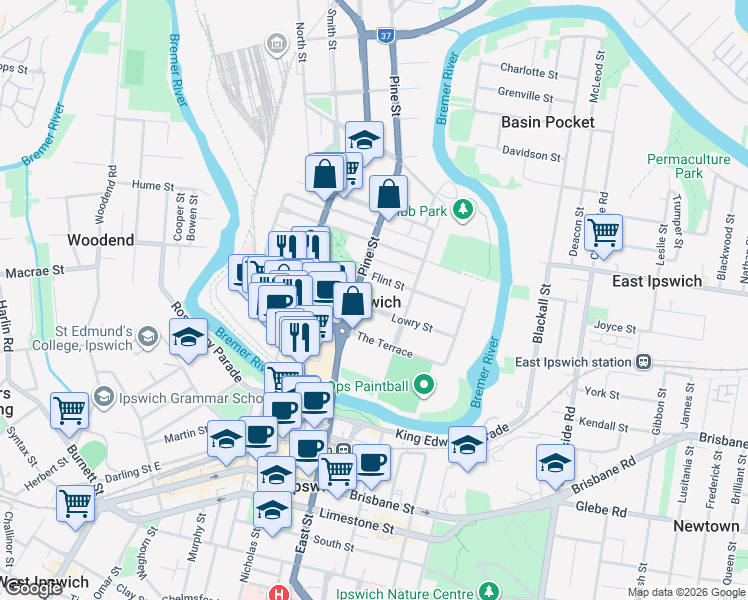 map of restaurants, bars, coffee shops, grocery stores, and more near 20 Lowry Street in North Ipswich