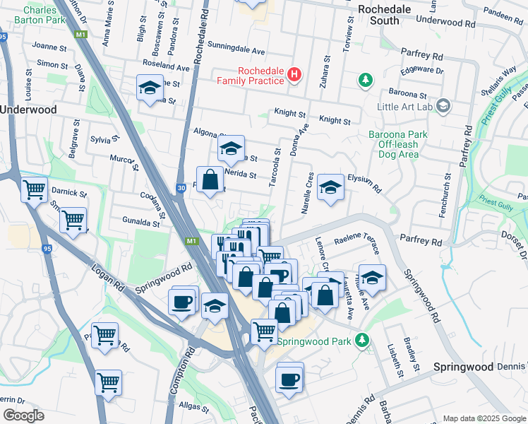 map of restaurants, bars, coffee shops, grocery stores, and more near 35 Tarcoola Street in Rochedale South