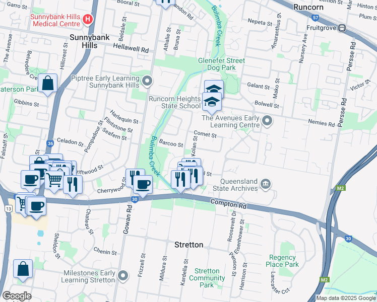 map of restaurants, bars, coffee shops, grocery stores, and more near 52 Condamine Street in Runcorn