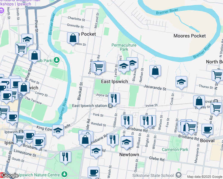 map of restaurants, bars, coffee shops, grocery stores, and more near 6 Cotton Street in East Ipswich