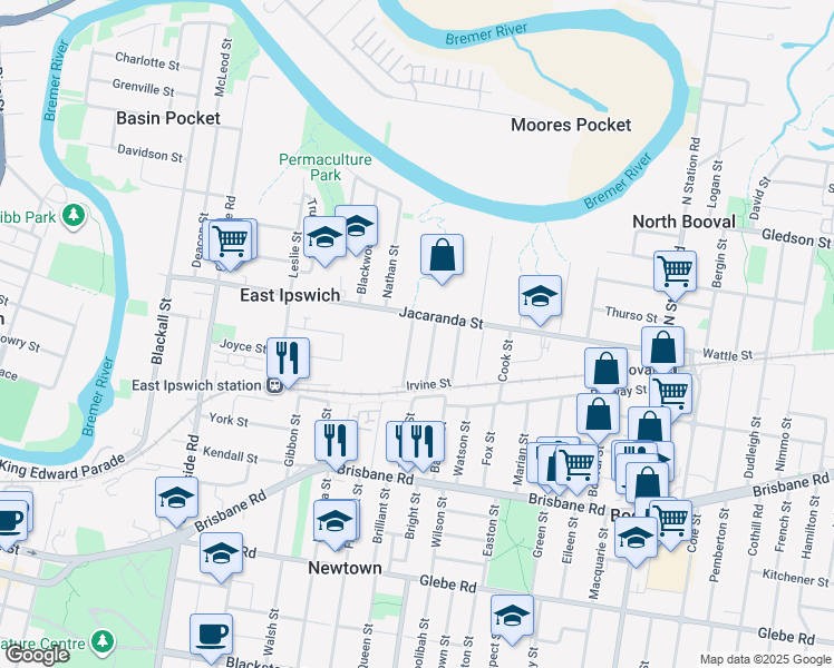 map of restaurants, bars, coffee shops, grocery stores, and more near 4 Callaghan Street in East Ipswich