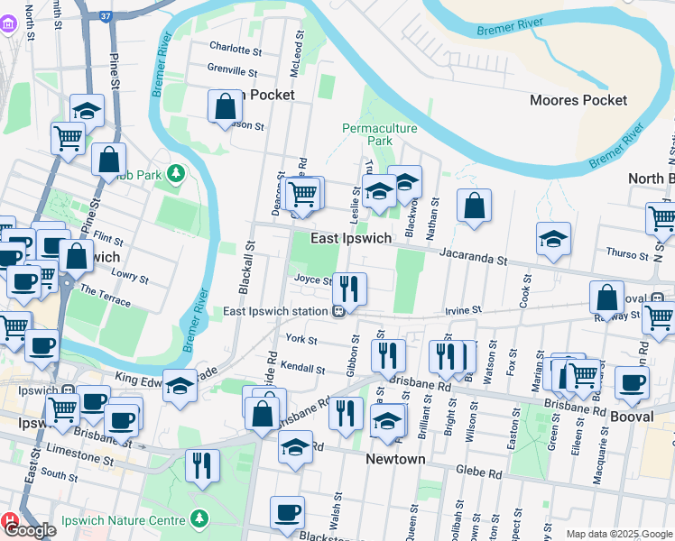map of restaurants, bars, coffee shops, grocery stores, and more near 2 Cotton Street in East Ipswich
