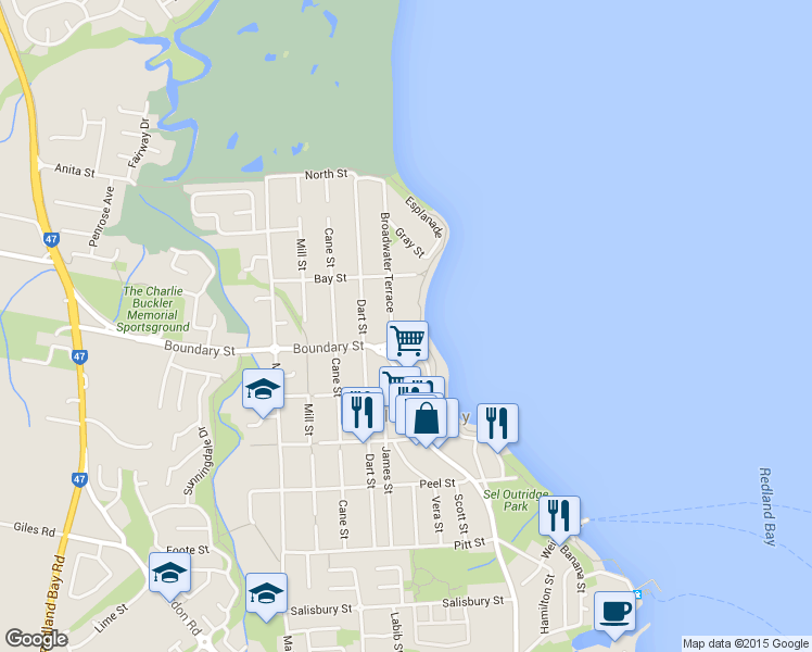 map of restaurants, bars, coffee shops, grocery stores, and more near 92 Broadwater Terrace in Redland Bay