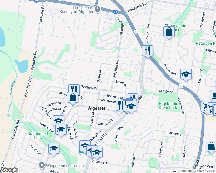 map of restaurants, bars, coffee shops, grocery stores, and more near 49B Dalmeny Street in Algester