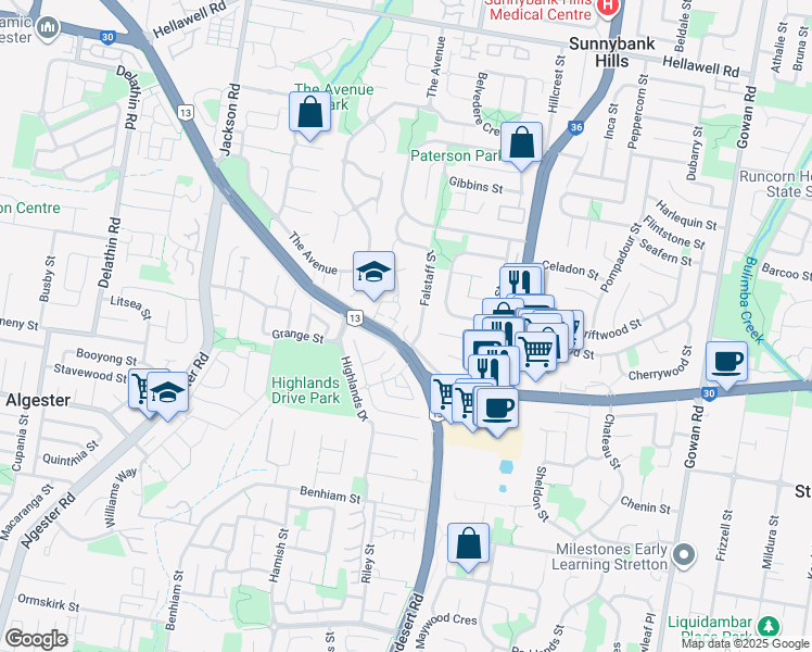 map of restaurants, bars, coffee shops, grocery stores, and more near 37 Cressida Street in Sunnybank Hills