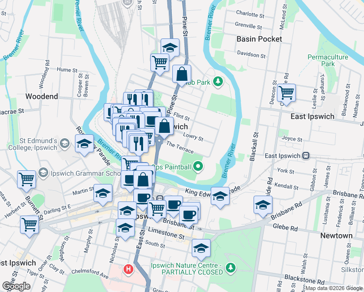 map of restaurants, bars, coffee shops, grocery stores, and more near 30 The Terrace in North Ipswich
