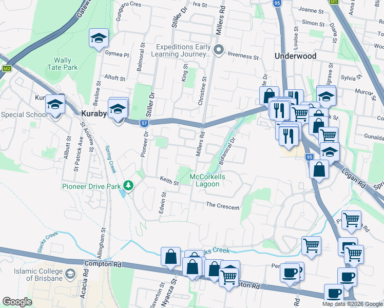 map of restaurants, bars, coffee shops, grocery stores, and more near 18 Waldman Place in Kuraby