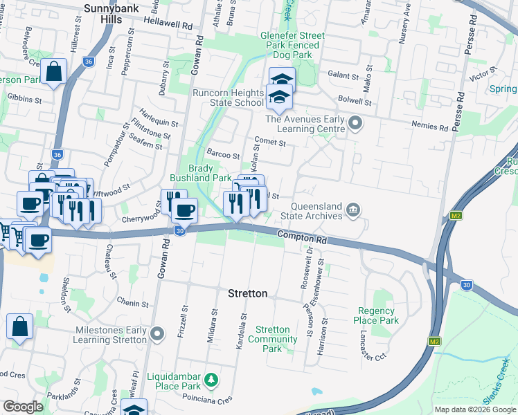 map of restaurants, bars, coffee shops, grocery stores, and more near 76 Condamine Street in Runcorn
