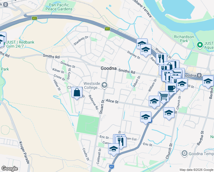 map of restaurants, bars, coffee shops, grocery stores, and more near 60 Stuart Street in Goodna