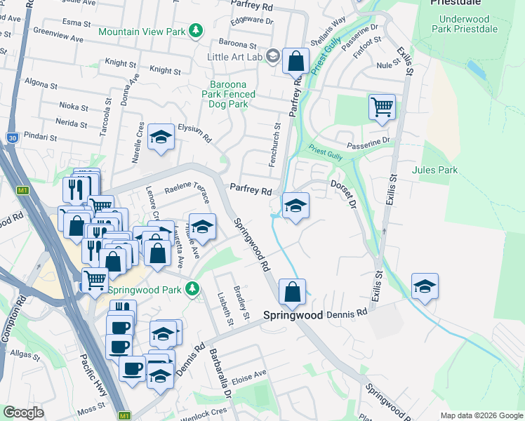 map of restaurants, bars, coffee shops, grocery stores, and more near 202-212 Springwood Road in Springwood