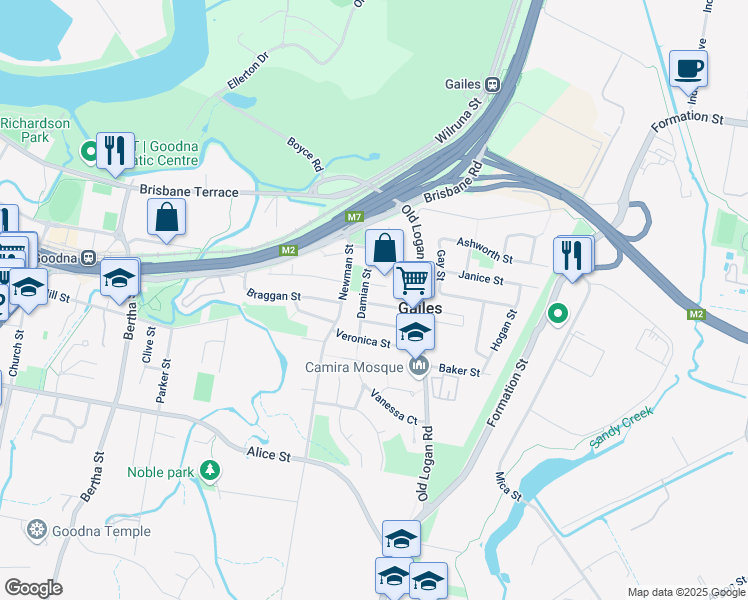 map of restaurants, bars, coffee shops, grocery stores, and more near 17 Julieanne Street in Gailes