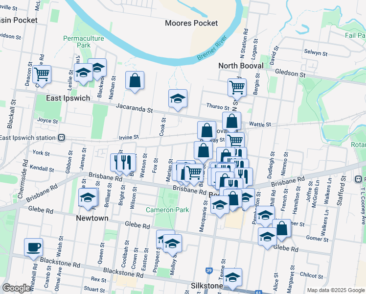 map of restaurants, bars, coffee shops, grocery stores, and more near 21 Railway Street in Booval