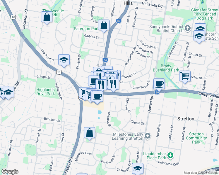 map of restaurants, bars, coffee shops, grocery stores, and more near Compton Road in Sunnybank Hills